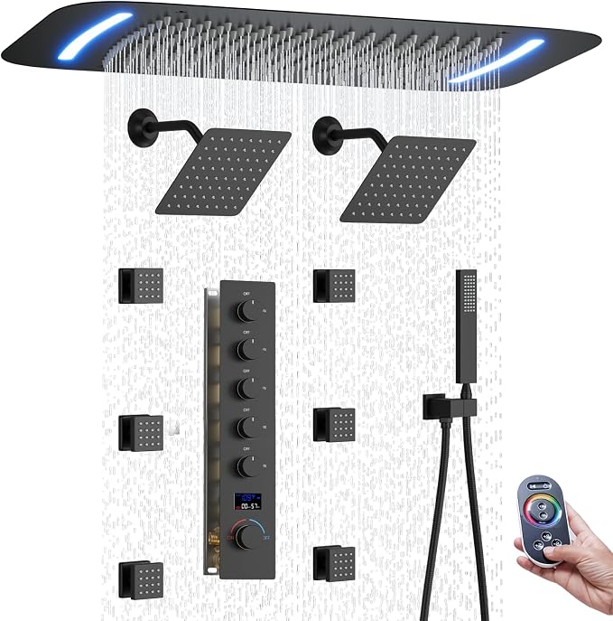 16X26 inch Shower System Matte Black Shower Head and Handle Set | Temperature Display Shower Faucet with Dual 8 inch Shower Head, 6 Body Jet, Handheld Shower, 5 Functions Can All Run Together