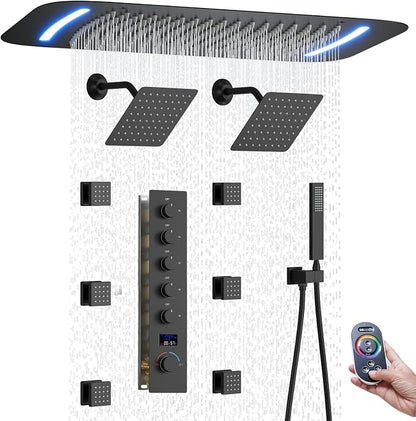 16X26 inch Shower System Matte Black Shower Head and Handle Set | Temperature Display Shower Faucet with Dual 8 inch Shower Head, 6 Body Jet, Handheld Shower, 5 Functions Can All Run Together