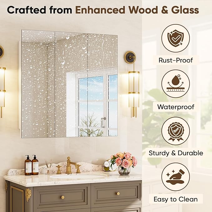 Antok 24x24 Inch Medicine Cabinet with Mirror, Wall Mounted Bathroom Mirror Cabinet, Wooden Medicine Cabinet Mirror, Recessed or Surface, White