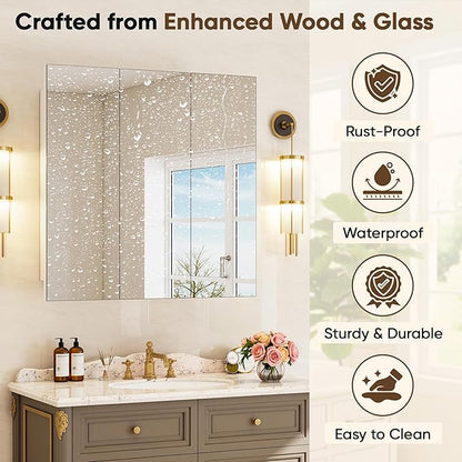 Antok 24x24 Inch Medicine Cabinet with Mirror, Wall Mounted Bathroom Mirror Cabinet, Wooden Medicine Cabinet Mirror, Recessed or Surface, White