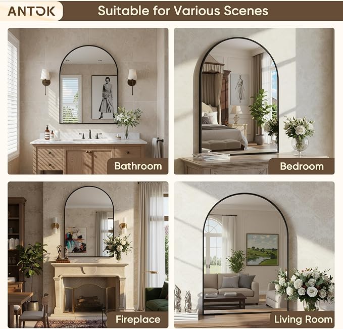 Antok Arched Bathroom Mirror, 20"x30" Wall Mounted Mirror, Vanity Mirrors for Over Sink, Aluminum Alloy Frame Bathroom Mirrors Living Room, Bedroom and Entryway, Black