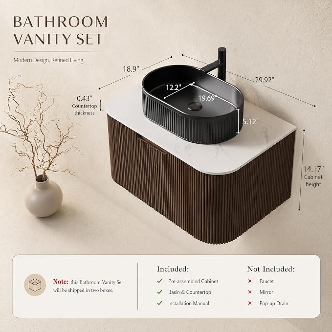 30 Inch Bathroom Vanity with Sink, Floating Wall Mounted Single Sink Vanity, Dark Walnut Curved Fluted Front, Stone Top, Black Textured Oval Vessel Basin, Pre-Assembled