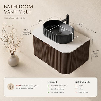 30 Inch Bathroom Vanity with Sink, Floating Wall Mounted Single Sink Vanity, Dark Walnut Curved Fluted Front, Stone Top, Black Textured Oval Vessel Basin, Pre-Assembled