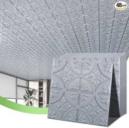 Art3d Drop Ceiling Tiles 2x2, Glue-up Ceiling Panel, Fancy Classic Style in Gray