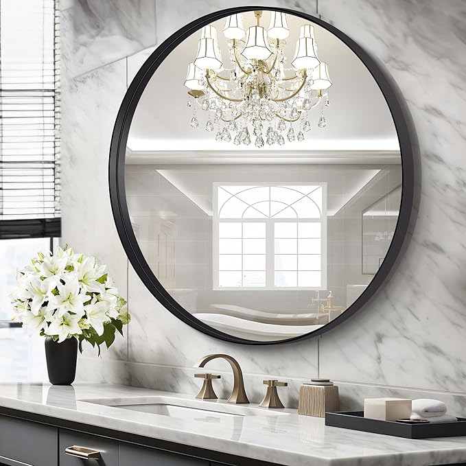 Black Round Mirror 36 inch Deep Frame Circle Mirror, Metal Framed Bathroom Mirror, Round Vanity Mirror, Circle Mirrors for Wall Entryway Bedroom Living Room Hallway