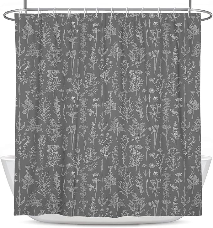 Coxila Vintage Floral Shower Curtain Gray Grey Retro Flower White Rustic Country Plant Botanical Cute Spring Boho Mens Elegant Antique Cottagecore Bathroom 60 x 72 Inch Polyester Fabric 12 Pack Hooks