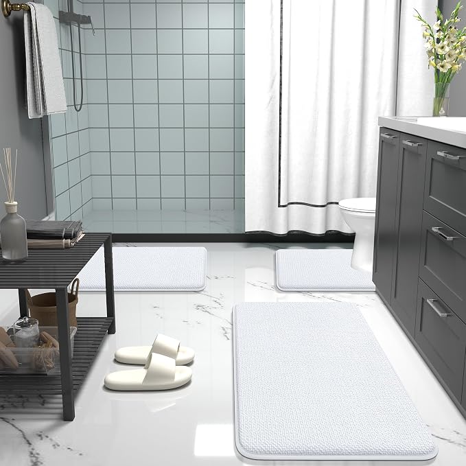 OLANLY Memory Foam Bathroom Runner Rugs 59x20, Absorbent Long Mat, White | Soft Quick Dry Bath Rugs, Non-Slip Carpet, Machine Washable Mat for Bathroom Floor, Tub and Shower, Home Decor Accessories