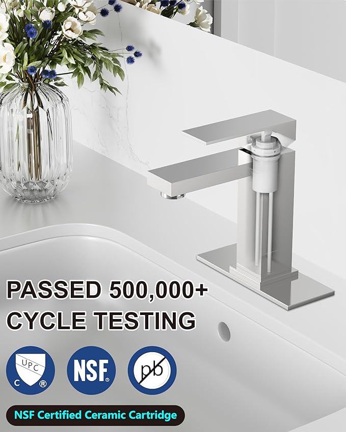 Midanya Bathroom Faucets 1 Hole, Single Handle Stainless Steel Bathroom Sink Faucet, Modern Vanity Faucets with Deck Plate,Water Supply Hoses and Pop Up Drain,Polish Chrome
