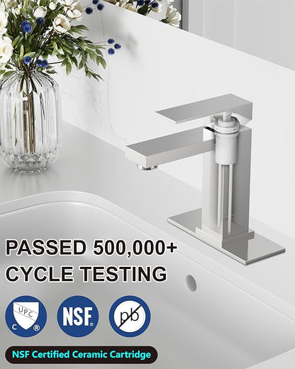 Midanya Bathroom Faucets 1 Hole, Single Handle Stainless Steel Bathroom Sink Faucet, Modern Vanity Faucets with Deck Plate,Water Supply Hoses and Pop Up Drain,Polish Chrome