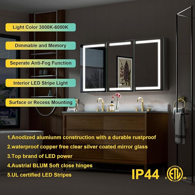 60" X 30" Bathroom Mirror Medicine Cabinet with 3X Magnification Makeup Mirror, LED Mirrored Cabinet, Bathroom Storage Mirror Cabinet, Recessed or Surface, Three Opening Doors
