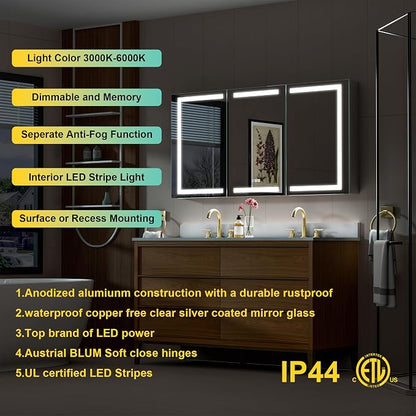 60" X 30" Bathroom Mirror Medicine Cabinet with 3X Magnification Makeup Mirror, LED Mirrored Cabinet, Bathroom Storage Mirror Cabinet, Recessed or Surface, Three Opening Doors
