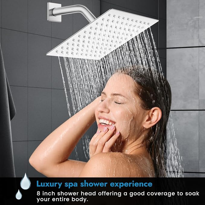 Polished Chrome Shower Faucet Set, 8 Inch Rain Shower System with Valve | Complete Rain Shower Set with Valve, Single Handle Wall Mount Design