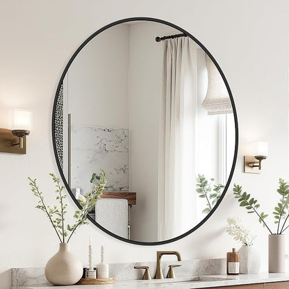 30 Inch Black Round Circle Mirror for Bathroom Wall, Metal Frame | HD tempered glass for clear, distortion-free reflection. Mounting hardware included for vertical or horizontal wall mount.