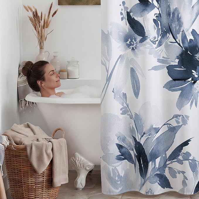 No Hook Floral Shower Curtain with Liner, Aqua Blue, 71x74 | Snap in Liner, 3 in 1, Water Repellent, Easy Install, Machine Washable, Hotel Style for Bathroom, Watercolor Pattern