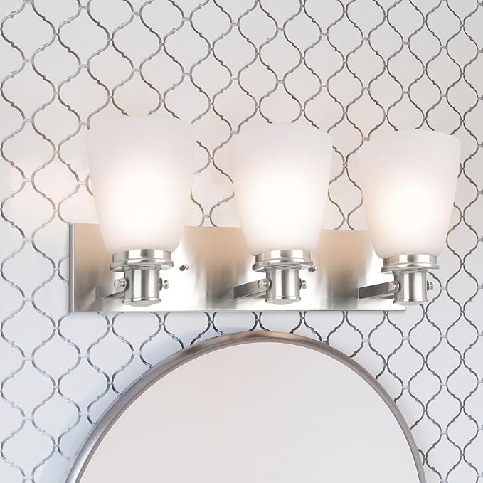 Design House Atkinson Vanity Light, 3-Light, Frosted White Glass Shades, Dimmable, Up/Down Mountable, E26 Socket, Satin Nickel, 23.3 in L x 7.4 in W x 8.6 in H, 589523