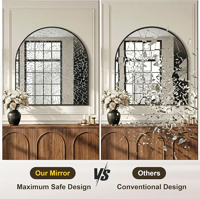 AMOISE Arched Bathroom Mirror for wall, 32"x30" Vanity Mirror, Black | Metal Frame, HD Glass, Over Sink Mirror for Bathroom, Entryway, Living Room & Bedroom
