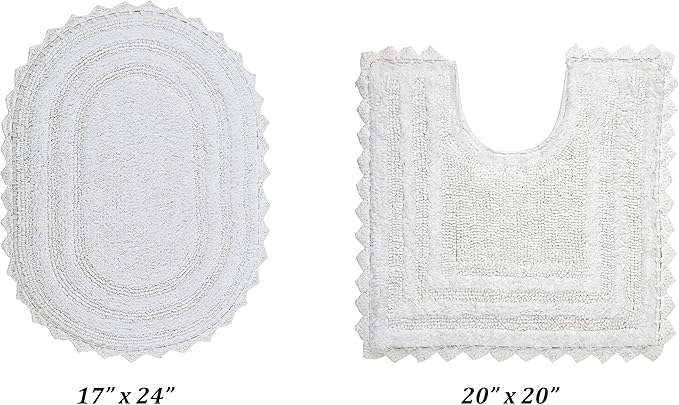 Better Trends 2 Piece Lilly Crochet (Ovel 17"x24",20" x 20") Bath Rug Set Toilet Rugs U Shaped Soft 100% Cotton, Reversible Water Absorbent Washable Contour Mat White