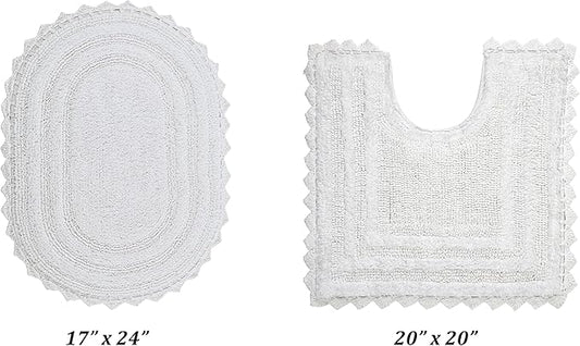 Better Trends 2 Piece Lilly Crochet (Ovel 17"x24",20" x 20") Bath Rug Set Toilet Rugs U Shaped Soft 100% Cotton, Reversible Water Absorbent Washable Contour Mat White