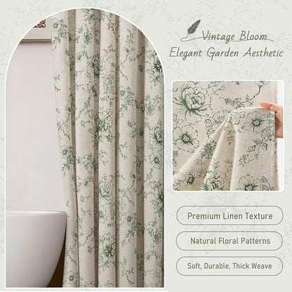 Farmhouse Floral Linen Shower Curtain, Vintage Green Pattern Rustic Shower Curtains for Bathroom, 72x90 Extra Long