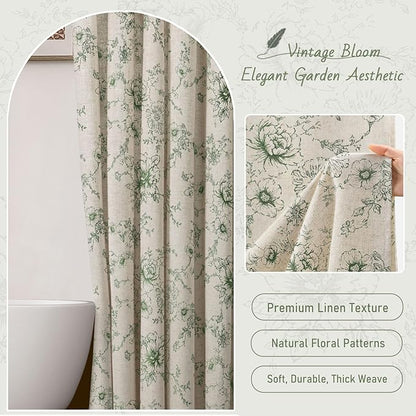 Farmhouse Floral Linen Shower Curtain, Vintage Green Spring Pattern Rustic Shower Curtains for Bathroom, Tan Taupe,72x72