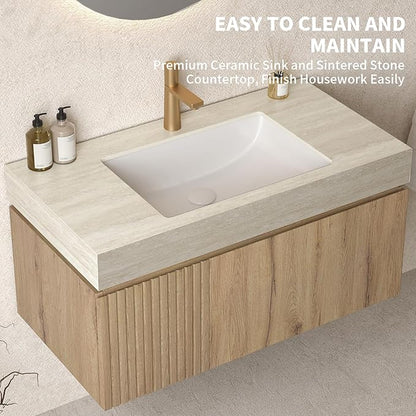 LKTART Floating 36 Inch Bathroom Vanity with Sink, Modern Plywood Wall Mounted Bathroom Storage Cabinet with 1 Door and 1 Drawer, Roma Travertine-Pattern Sintered Stone Countertop and Ceramic Basin
