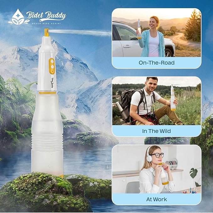 BIDET BUDDY® PureJet Portable Bidet for Travel– Self-Cleaning Retractable Nozzle, 550mL Bottle, IPX7 Waterproof, USB-C Rechargeable, High-Pressure Hygiene Device, Versatile Power Modes – Arctic White