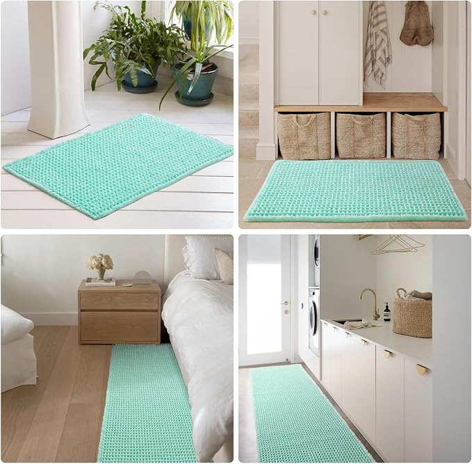 TYUU Waffle Bath Mat, Boho Bathroom Rugs Non Slip, 48x24 Aqua Blue | Super Absorbent Quick Dry Bath Rug, Non-Slip Backing, Soft Waffle Washable Farmhouse Bathroom Mats, Tub, Shower & Home Decor