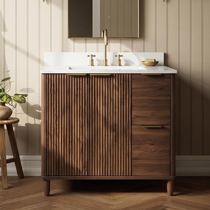 30 Inch Mid-Century Bathroom Vanity with SMC Sink (Walnut Style3, 30") | Dual Drawers & Fluted Soft-Closing Doors, Walnut Vanity Cabinet with Adjustable Shelf, Gold L-Shaped Handles, Solid Wood Legs