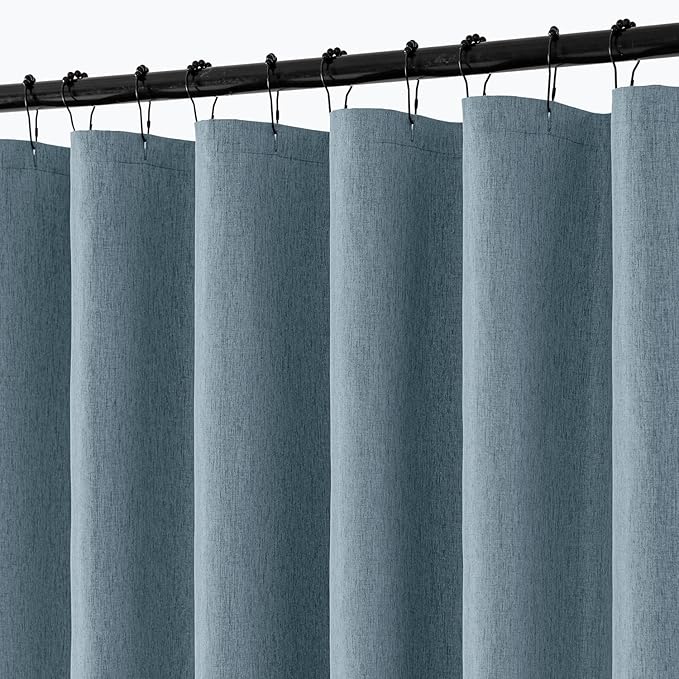 ANRODUO Dusty Blue Extra Long Linen Fabric Shower Curtain Set - W72xL108 | Farmhouse Shower Curtain with 12 Metal Hooks, Waterproof Heavy Duty, Button Hole Design, Machine Washable for Bathroom