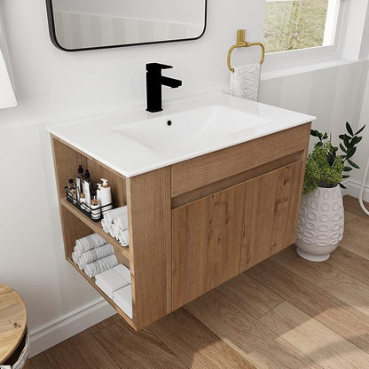 Henf 30inch Brown Modern Wall Mounting Bathroom Vanity With Sink, 2 Soft Close Doors & Open Storage Shelf, Wood Bathroom Sink Vanity with Sink Combo Set