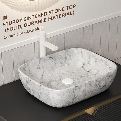 36 Inch Bathroom Vanity with Sink, Floating Fluted Vanity with Vessel Sink, Modern Bathroom Vanity Cabinet with 2 Doors with Metal Trim, Oval Marble Sink & Sintered Stone Top, Black