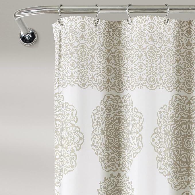 Lush Decor Stripe Medallion Shower Curtain-Fabric Mandala Bohemian Damask Print Design, 72" x 72", Neutral