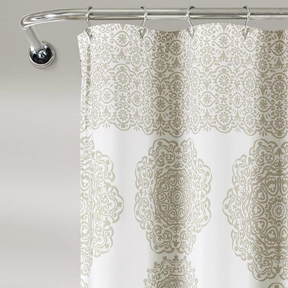 Lush Decor Stripe Medallion Shower Curtain-Fabric Mandala Bohemian Damask Print Design, 72" x 72", Neutral