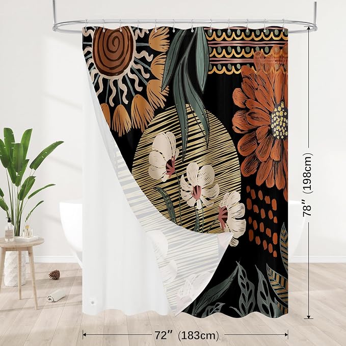 3 in 1 Boho Rustic Shower Curtain Set with PEVA Liner & 12 Hooks, 72 x 78 | Boho Tropical Botanical Style, Farmhouse Floral Fabric, Modern Hotel Inspired, Water‑Repellent, Machine Washable