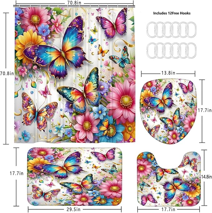 Chrainy 4pcs Colorful Butterfly Shower Cutain Set Bathroom Decor with Rugs | Bath Accessories with Waterproof Curtain, Bath Mat, Toilet Lid Cover, U-Shaped Rug and 12 Hooks for Washroom, 71*71in