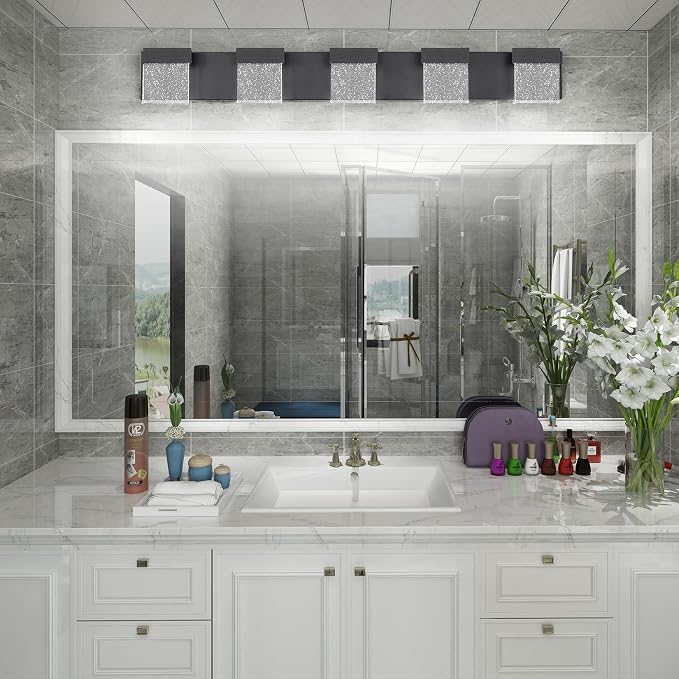 Crystal Black Light Fixtures, 5 Light Vanity Lights, LED Over Mirror, Modern Bathroom Vanity Light 6000K, 39 Inch