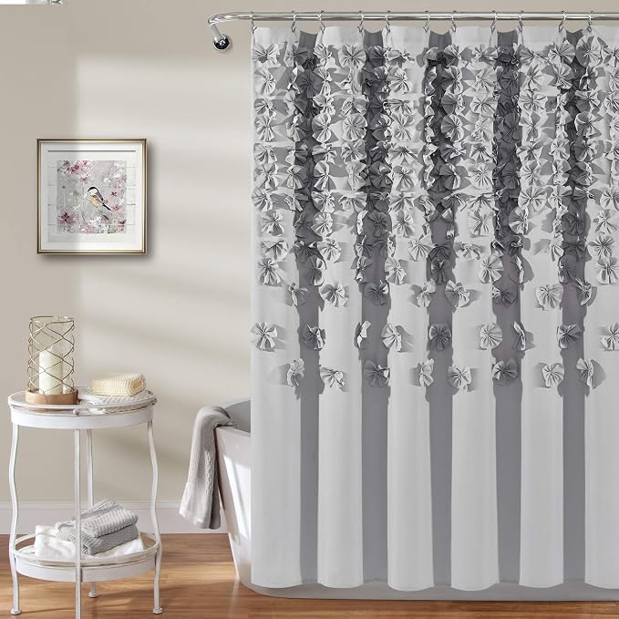 Lush Decor Lucia Shower Curtain 72" W x 72" L, Light Gray - Bathroom Curtain - Coquette Decor - Flower Shower Curtains - Gray Fabric Shower Curtains