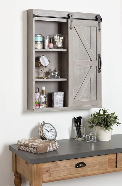 Kate and Laurel Cates Decorative Wood Wall Storage Cabinet with Rectangle Mirror and Sliding Barn Door, 22 x 28, Rustic Gray, Farmhouse Decor for Wall Storage