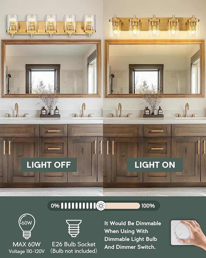5-Light Brushed Gold Bathroom Vanity Light, Square Clear Glass Shade | Ideal for 34-46" mirrors, 30.5" modern bathroom light fixtures over mirror, E26 base, bulbs not included, VL194-BG-5