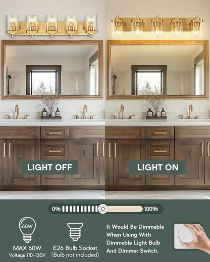 5-Light Brushed Gold Bathroom Vanity Light, Square Clear Glass Shade | Ideal for 34-46" mirrors, 30.5" modern bathroom light fixtures over mirror, E26 base, bulbs not included, VL194-BG-5