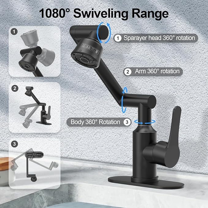 Stainless Steel Bathroom Sink Faucet, 1080° Rotatable, Matte Black | Fit 1 Hole Sink, 4 Water Outlet Modes, Three-stage Rotating Design, Flexible Adjustment, Anti-Rust, No Leakage, Single Handle