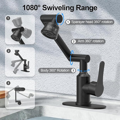 Stainless Steel Bathroom Sink Faucet, 1080° Rotatable, Matte Black | Fit 1 Hole Sink, 4 Water Outlet Modes, Three-stage Rotating Design, Flexible Adjustment, Anti-Rust, No Leakage, Single Handle