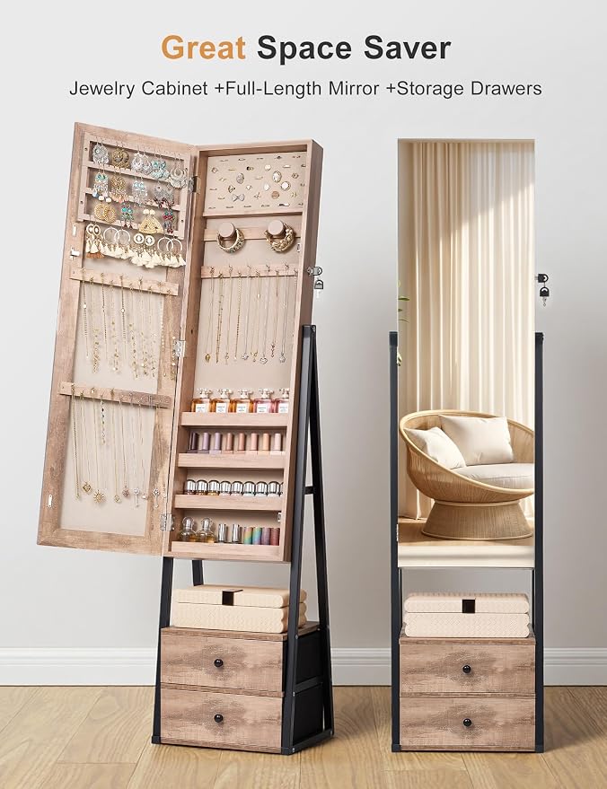 Nicetree Jewelry Cabinet Armoire, 2 Drawers, Full Length Mirror, Oak | Standing Mirror Jewelry Cabinet, Lockable Jewelry Armoire with Mirror, Adjustable Angles, Easy Assembly, Gift Idea, HD Glass