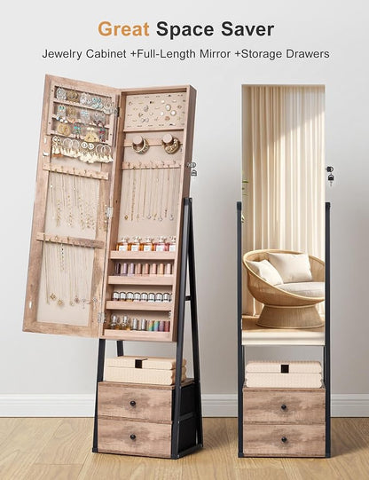Nicetree Jewelry Cabinet Armoire, 2 Drawers, Full Length Mirror, Oak | Standing Mirror Jewelry Cabinet, Lockable Jewelry Armoire with Mirror, Adjustable Angles, Easy Assembly, Gift Idea, HD Glass