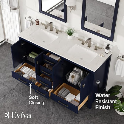 Eviva Aberdeen 60 in. Blue Double Sink Bath Vanity with Carrara Quartz Top and Undermount Porcelain Sinks