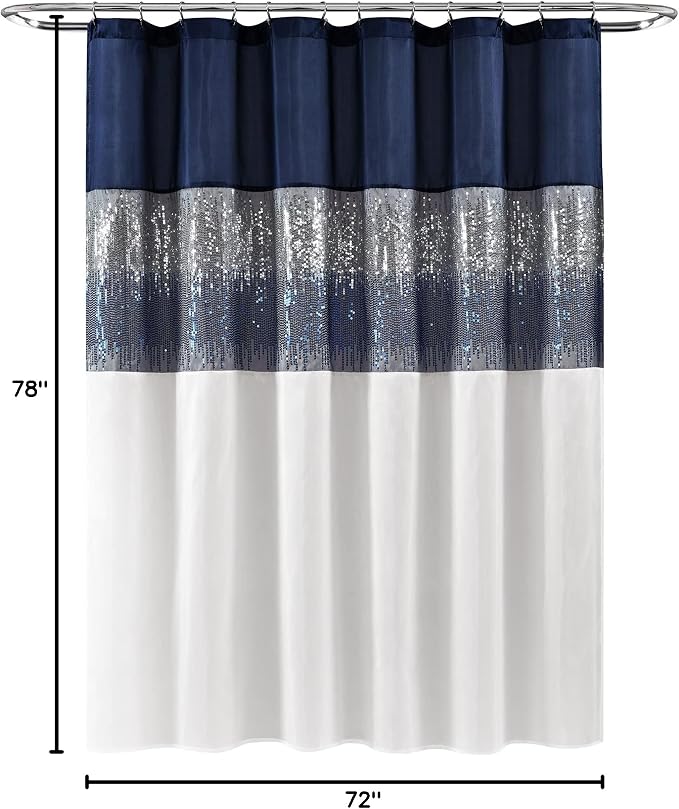 Lush Decor Night Sky Shower Curtain, Single, 72" W x 78" L, Navy & White - Sequin Shower Curtain - Sparkly Color Block Bath Curtain - Modern Glam Bathroom Decor - Extra Long Shower Curtain