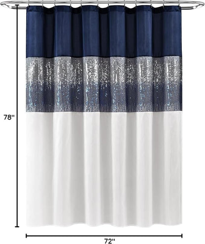 Lush Decor Night Sky Shower Curtain, Single, 72" W x 78" L, Navy & White - Sequin Shower Curtain - Sparkly Color Block Bath Curtain - Modern Glam Bathroom Decor - Extra Long Shower Curtain