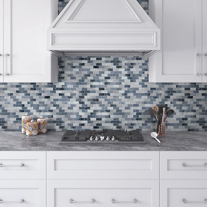 10-Sheet Subway Peel and Stick Backsplash Tile, 11.3" x 10.8" Blue Stone Composite Cement Looks Self Adhesive Waterproof Wall Tile, Stick on Tiles for Kitchen Bathroom Shower Fireplace