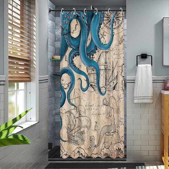 Fungarth Stall Vintage Nautical Octopus Shower Curtain Navy Blue Mermaid Funny Ocean Kraken Shower Curtains for Bathroom Cool Anchor Coastal Map Waterproof Fabric Bath Curtain Decor (Retro, 36” x 72”)