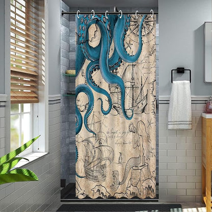Fungarth Stall Vintage Nautical Octopus Shower Curtain Navy Blue Mermaid Funny Ocean Kraken Shower Curtains for Bathroom Cool Anchor Coastal Map Waterproof Fabric Bath Curtain Decor (Retro, 36” x 72”)